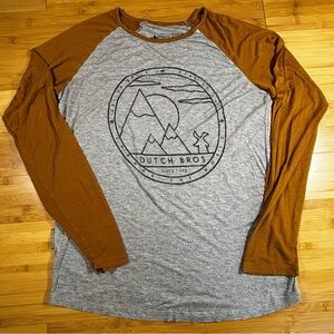 Dutch Bros Coffee Long Sleeve Raglan Shirt Gray Brown Medium Graphic Tee